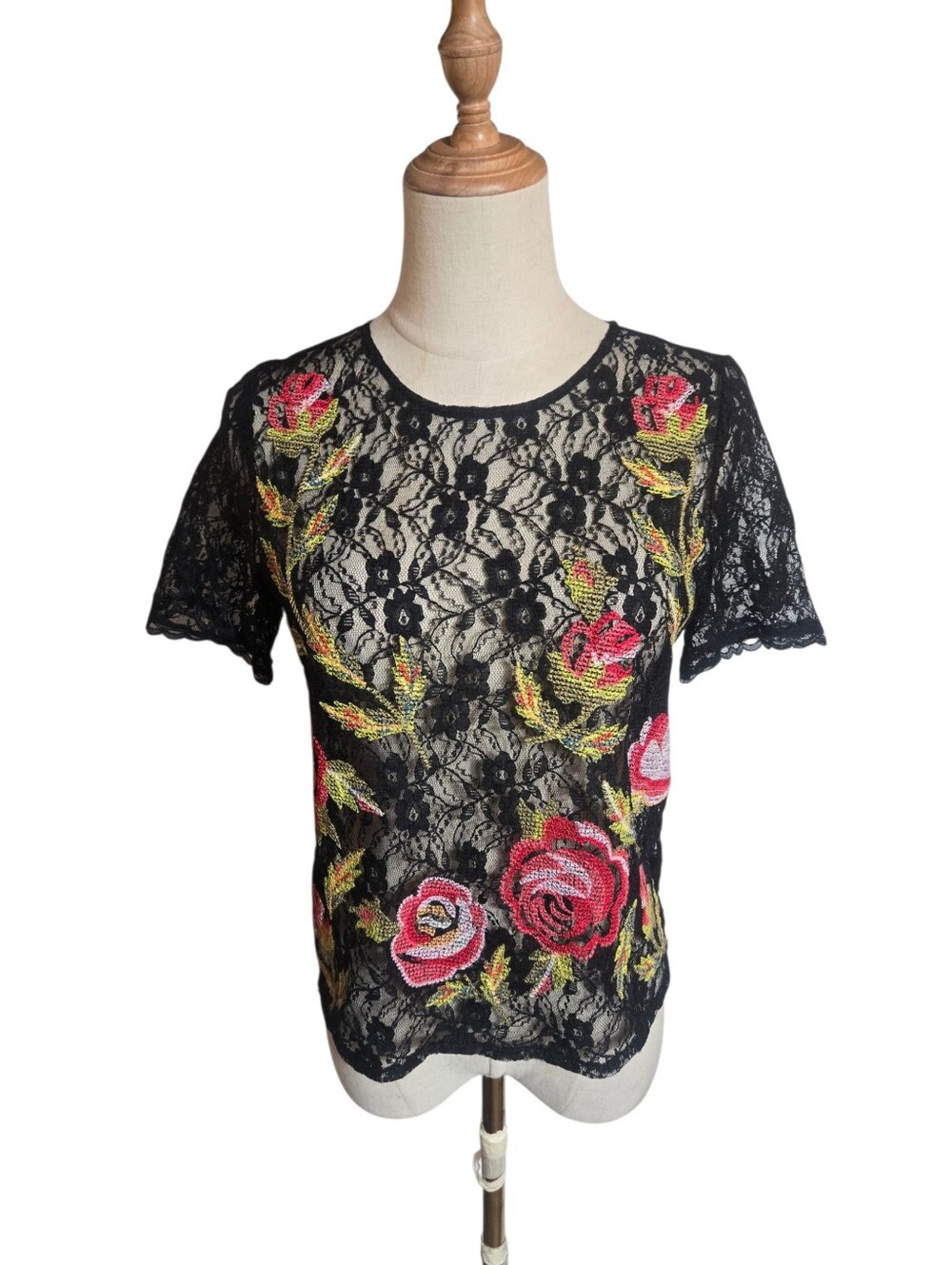 Topshop Black Lace Short Sleeve Top with Pink and Red Floral Embroidery